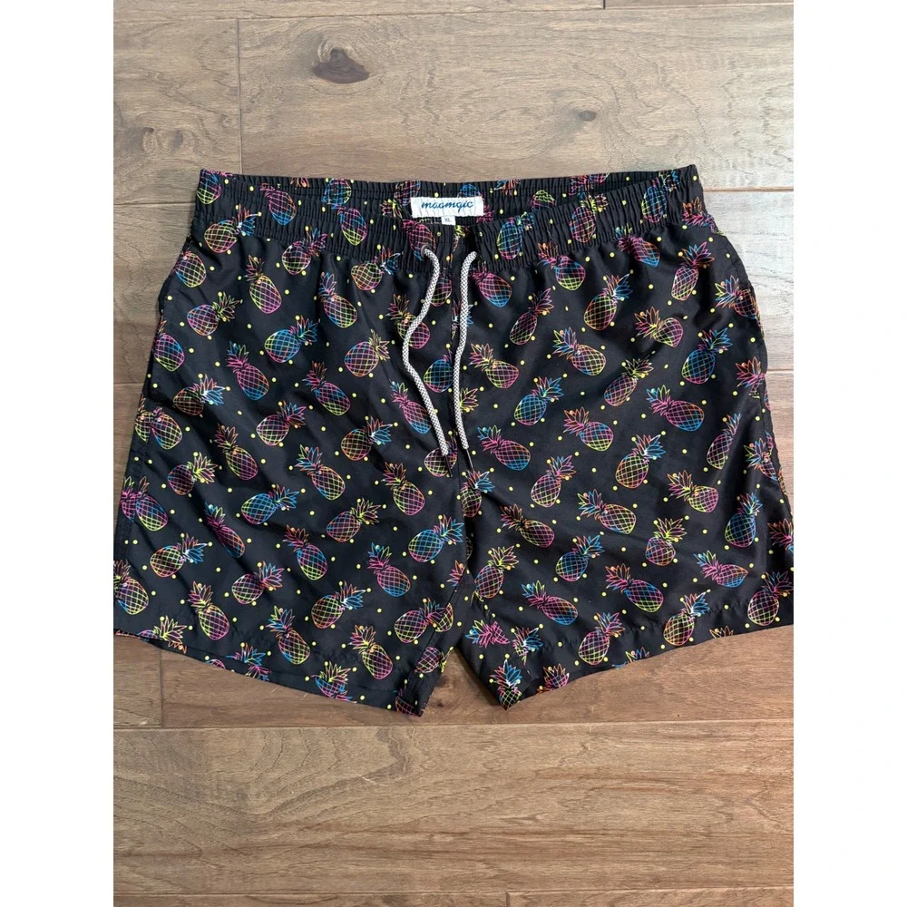 Maamgic Mens‎ XL Swim Trunks Neon Pineapple Black Board Shorts Mesh Lining